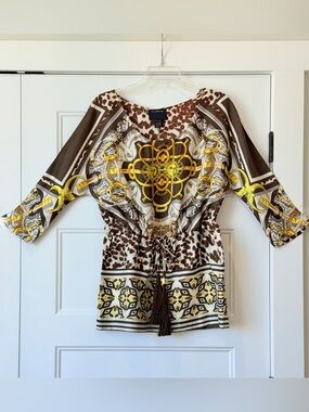 Class Roberto Cavalli Brown & Yellow Printed Tie-Waist Blouse